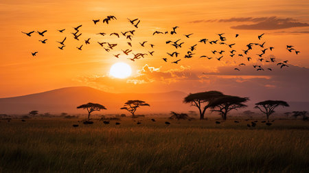 A flock of birds flying across the Serengeti skyline as the sun rises, casting long shadows over the savannah.の素材