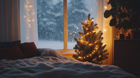 A festive, cozy setup with a small Christmas tree wrapped in lights, with snow gently falling in the background, creating a peaceful holiday mood.の素材