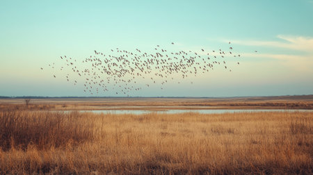 A flock of Northern Bobwhites gathering at a waterhole in Texas, the dry grasslands stretching into the distance.の素材