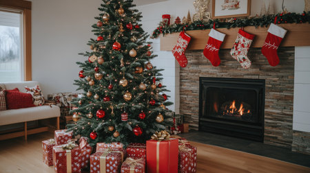 A festive Christmas tree with red and gold ornaments, surrounded by wrapped gifts, with a cozy fireplace and hanging stockings in the background.の素材