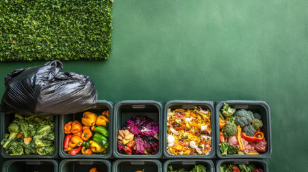 A green wall backdrop with a full garbage bag next to containers labeled for food waste, filled with colorful vegetable scraps and fruit peels.の素材