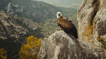 A Griffon vulture resting on a cliff edge in Gredos, Spain, its face turned slightly towards the camera for a striking portrait.の素材