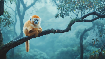 A golden snub-nosed monkey perched on a tree branch in a misty Chinese forest, surrounded by vibrant greenery.の素材