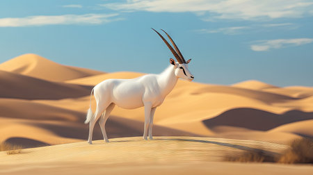 A graceful Arabian oryx standing in the golden dunes of the desert, its long horns and sleek white body shining under the hot sun.の素材