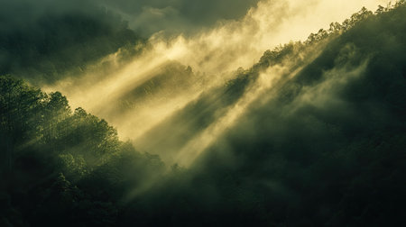 A foggy sunrise in the Great Smoky Mountains, with layers of green hills bathed in golden light.の素材