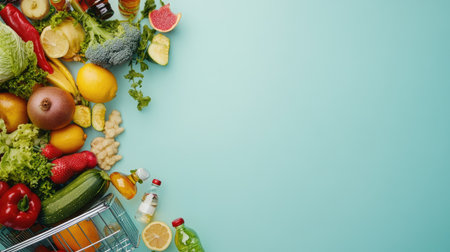 A fully loaded shopping cart with fresh fruits, vegetables, and bottled drinks, isolated on a light blue background.の素材