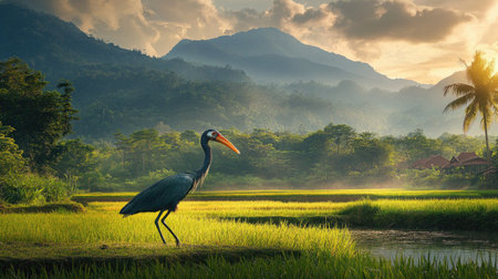 A greater adjutant walking through a rural landscape in Southeast Asia, surrounded by rice paddies and distant mountains.の素材