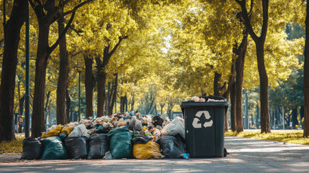 A full trash bin with garbage spilling out, surrounded by neatly stacked trash bags, set in the middle of a quiet park.の素材