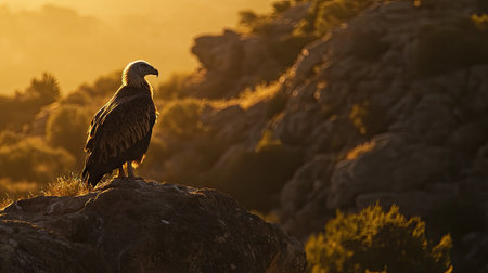 A Griffon vulture gazing into the distance in Gredos, Spain, its profile illuminated by soft natural light.の素材
