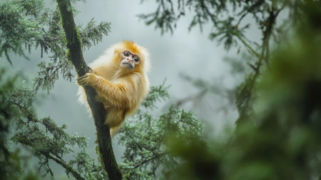 A golden snub-nosed monkey swinging through the misty trees of a remote Chinese forest, its golden fur and unique face making it a rare and striking sight.の素材