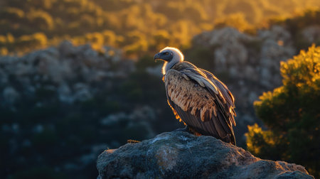 A Griffon vulture resting on a crag in Gredos, Spain, its regal profile illuminated by the warm light of the golden hour.の素材