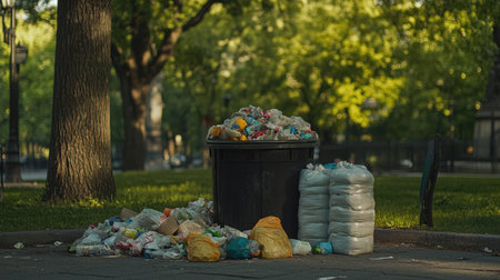 A full trash bin with garbage spilling out, surrounded by neatly stacked trash bags, set in the middle of a quiet park.の素材