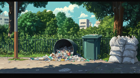 A full trash bin with garbage spilling out, surrounded by neatly stacked trash bags, set in the middle of a quiet park.の素材