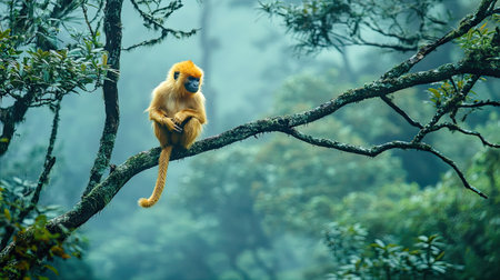 A golden snub-nosed monkey perched on a tree branch in a misty Chinese forest, surrounded by vibrant greenery.の素材