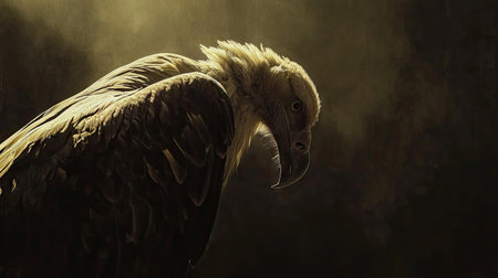 A Griffon vulture's profile captured in detail, its feathered neck and curved beak highlighted in the soft light of Gredos, Spain.の素材
