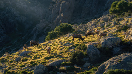 A group of male Iberian ibex grazing on grassy patches amidst the rocky terrain of the Sierra de Gredos.の素材