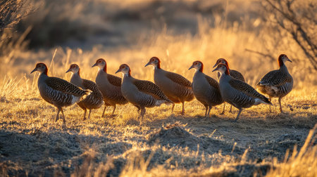 A group of red-legged partridges drinking together at sunrise, the soft glow of the morning light casting long shadows across the dry landscape.の素材