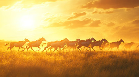 A herd of antelope gracefully running across the Serengeti savannah at sunrise, the morning light catching their movements.の素材