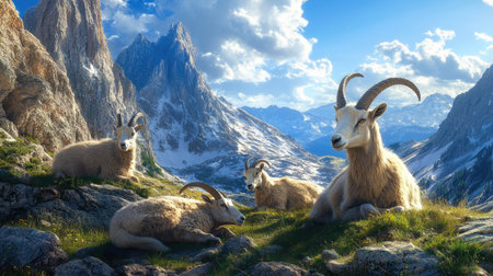 A group of mountain goats resting on a grassy plateau high in the mountains, surrounded by breathtaking views.の素材