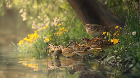 A group of Northern Bobwhites drinking from a quiet pond in Texas, with wildflowers blooming around the water's edge.の素材