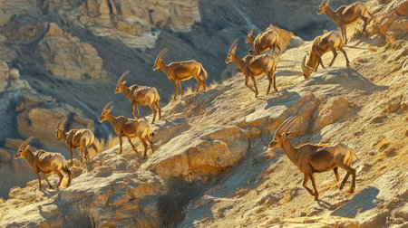 A herd of Nubian ibex scattered across a rocky hillside, with the sun casting long shadows over the desert.の素材