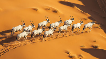 A herd of Arabian Oryx moving in unison across the desert, the soft golden sands and sparse vegetation making for a stunning scene.の素材