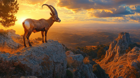 A majestic male Iberian ibex standing on a rocky ledge in the Sierra de Gredos, Spain, with a golden sunset lighting up the rugged landscape.の素材