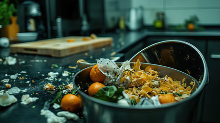 A kitchen waste bin containing bio trash like orange peels, leftover pasta, and tea bags, with a glimpse of cutting boards nearby.の素材
