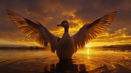 A Marbled Duck stretching its wings in Fuente de Piedra lagoon, illuminated by the soft glow of a stunning sunset.の素材
