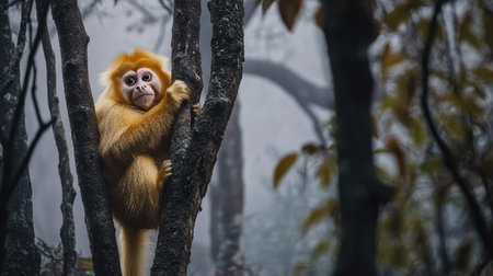 A magnificent golden snub-nosed monkey swinging between trees in a misty Chinese forest, its golden fur and unique face setting it apart in the wild.の素材