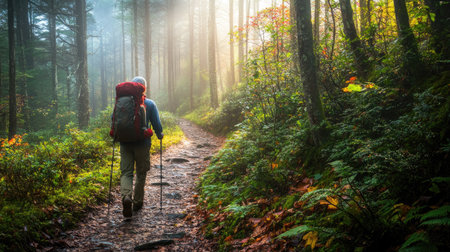 A hiker walking along a trail in the Great Smoky Mountains, with vibrant greenery and sunlight filtering through the trees.の素材