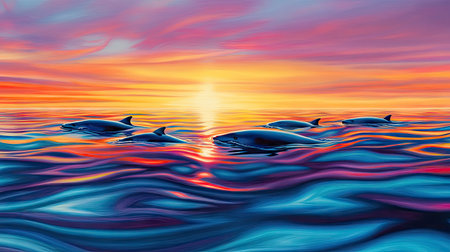 A group of vaquitas surfacing together at sunset, with vibrant colors reflecting on the calm sea in the northern Gulf of California.の素材