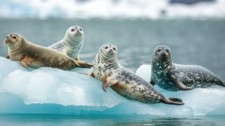 A group of seals lounging on floating icebergs in Jkulsrln Lagoon, the snowy peaks of Iceland's glaciers visible in the background.の素材