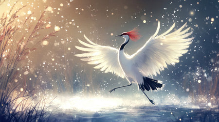 A Japanese crane dancing elegantly in a snow-covered field, its white feathers and red crown glowing in the soft winter light.の素材