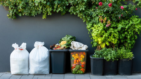 A kitchen trash setup showing bins for food waste and general trash, with a full bag tied neatly and placed near a green wall.の素材