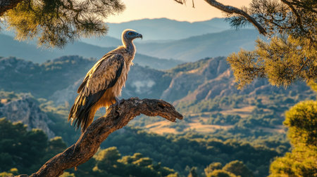 A juvenile Egyptian vulture perched in a tree overlooking the sweeping valleys of Monfrage National Park, with its gaze fixed on the horizon.の素材