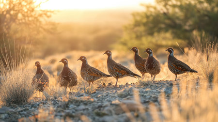 A group of red-legged partridges drinking together at sunrise, the soft glow of the morning light casting long shadows across the dry landscape.の素材