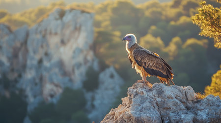 A juvenile Egyptian vulture basking in the morning sun on a rocky perch, with Monfrage's iconic cliffs visible behind.の素材