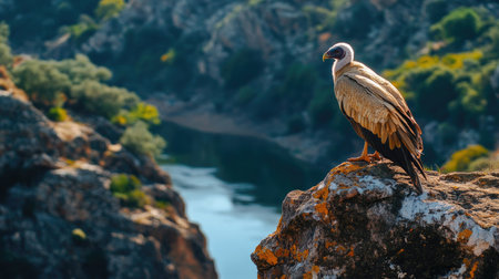 A juvenile Egyptian vulture perched on a cliff edge, overlooking the Tagus River winding through Monfrage National Park.の素材