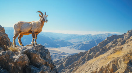 A majestic mountain goat standing on a rocky ledge overlooking a vast, rugged mountain range under a clear blue sky.の素材
