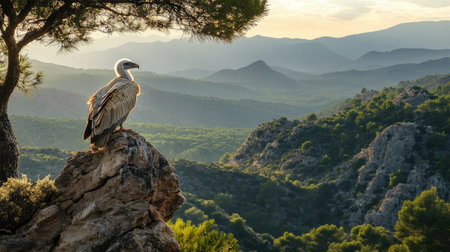 A juvenile Egyptian vulture perched in a tree overlooking the sweeping valleys of Monfrage National Park, with its gaze fixed on the horizon.の素材