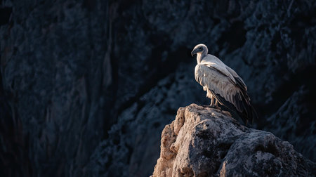 A majestic Griffon vulture perched on a rock ledge in Gredos, its pale plumage contrasting with the dark mountain shadows.の素材