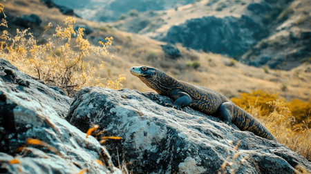A lone Komodo dragon resting on a rocky outcrop, its ancient and powerful form dominating the dry landscape of its remote island habitat.の素材