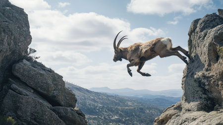 A male Iberian ibex captured mid-leap as it jumps between rocky outcrops, showcasing its strength and agility in the Sierra de Gredos.の素材
