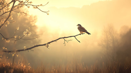 A male common kestrel balancing on a slender branch, its body perfectly poised as it looks out over the landscape.の素材