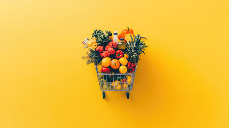 A minimalist photo of a grocery cart loaded with colorful produce, beverages, and pantry staples, on a bold yellow background.の素材