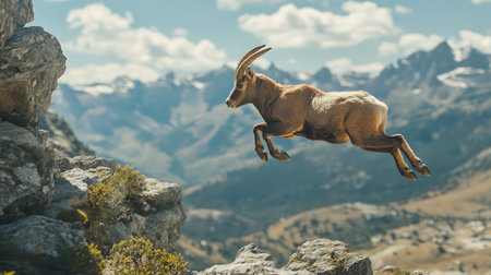 A male Iberian ibex captured mid-leap as it jumps between rocky outcrops, showcasing its strength and agility in the Sierra de Gredos.の素材
