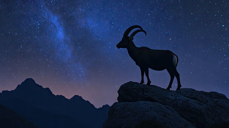 A male Iberian ibex standing tall on a boulder under the starry night sky, with the Sierra de Gredos mountains in silhouette.の素材