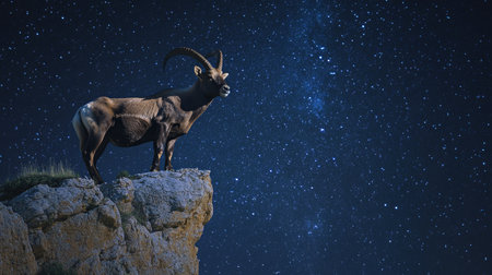 A male Iberian ibex standing confidently on a cliff edge, framed by the starry night sky over the Sierra de Gredos.の素材