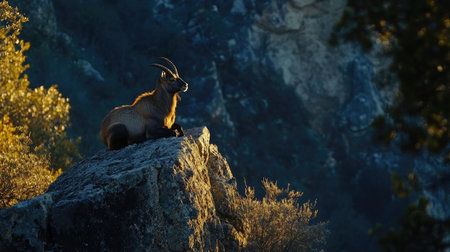 A male Iberian ibex resting on a cliff edge, its profile illuminated by the soft light of the setting sun in the Sierra de Gredos.の素材